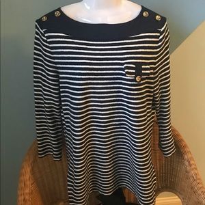 Tory Burch Blue/White Striped Bateau Neckline Nautical theme top, Medium.